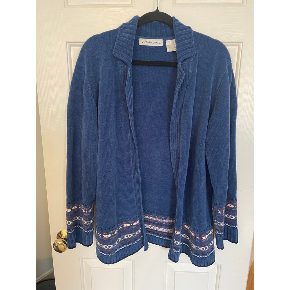 Vintage Victoria Jones Womens XL Knit Open Cardigen Grandmacore Blue Small Flaw